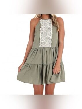 In February “Nobody Else” Halter Tiered Mini Sun Dress In Olive Green Size Small